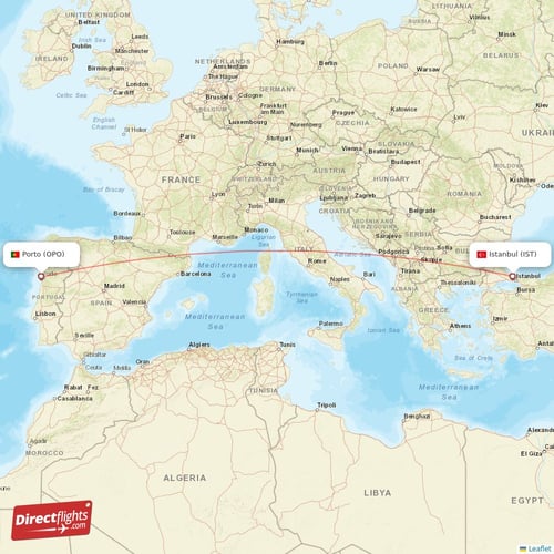 Istanbul - Porto direct flight map