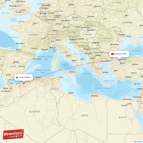 Istanbul - Oran direct flight map