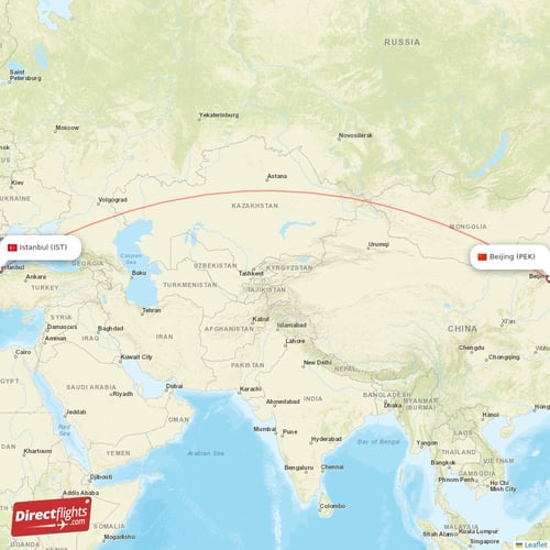 Istanbul - Beijing direct flight map