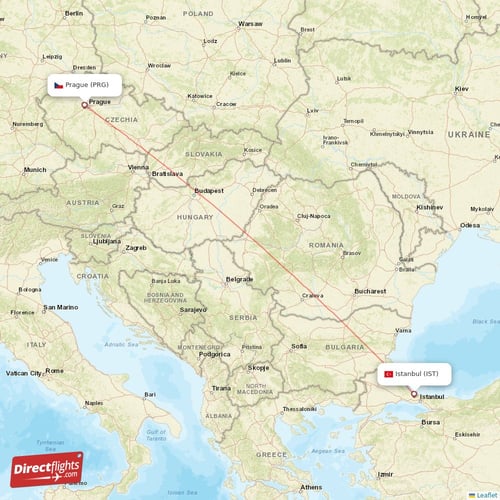 Istanbul - Prague direct flight map