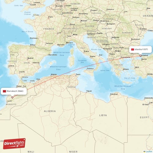 Istanbul - Marrakech direct flight map