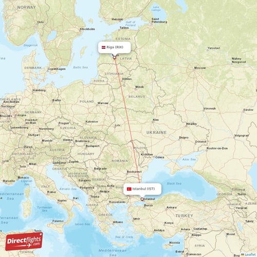 Istanbul - Riga direct flight map