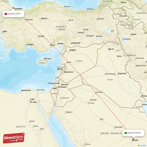 Istanbul - Riyadh direct flight map