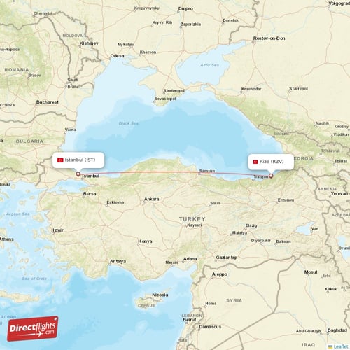 Istanbul - Rize direct flight map