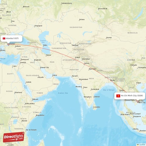 Istanbul - Ho Chi Minh City direct flight map