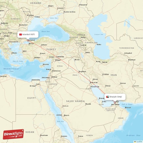 Istanbul - Sharjah direct flight map