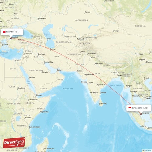 Istanbul - Singapore direct flight map