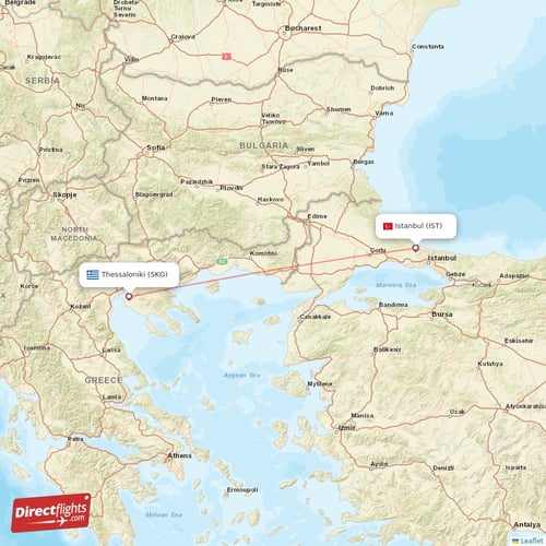 Istanbul - Thessaloniki direct flight map