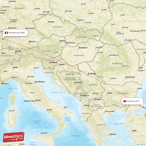 Istanbul - Strasbourg direct flight map