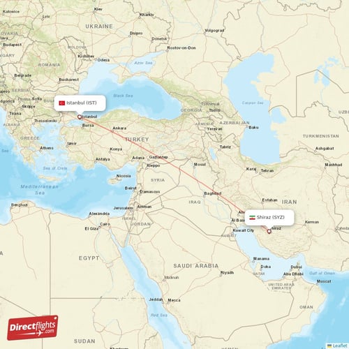 Istanbul - Shiraz direct flight map