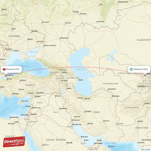Istanbul - Tashkent direct flight map