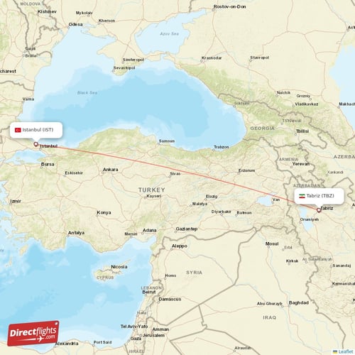 Istanbul - Tabriz direct flight map
