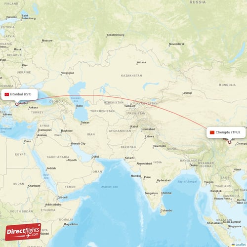 Istanbul - Chengdu direct flight map