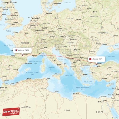 Istanbul - Toulouse direct flight map