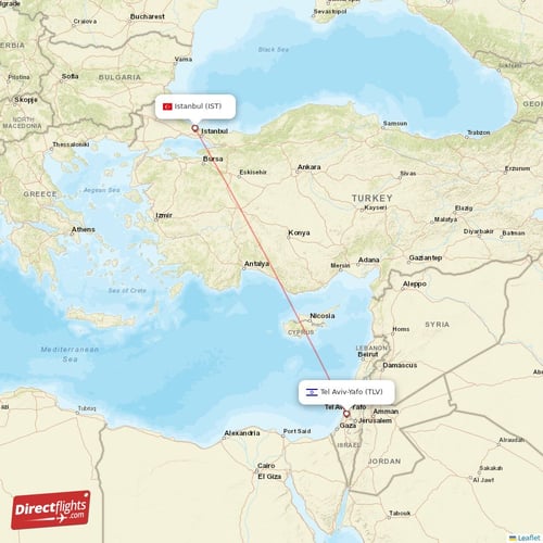 Istanbul - Tel Aviv-Yafo direct flight map