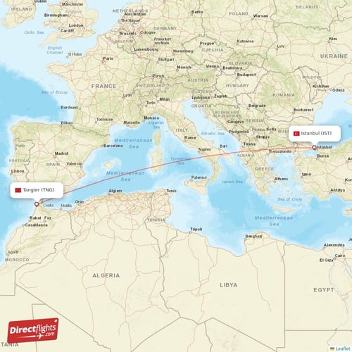 Istanbul - Tangier direct flight map