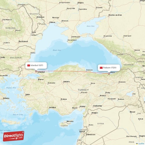 Istanbul - Trabzon direct flight map
