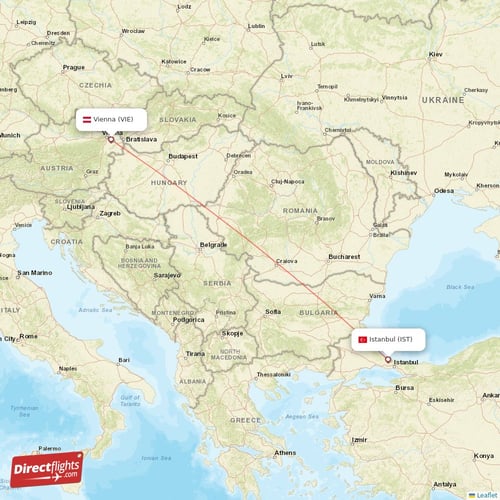 Istanbul - Vienna direct flight map