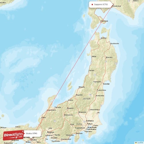 Osaka - Sapporo direct flight map