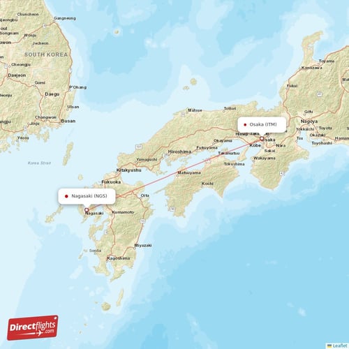 Osaka - Nagasaki direct flight map