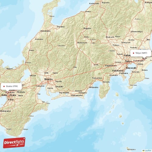 Osaka - Tokyo direct flight map