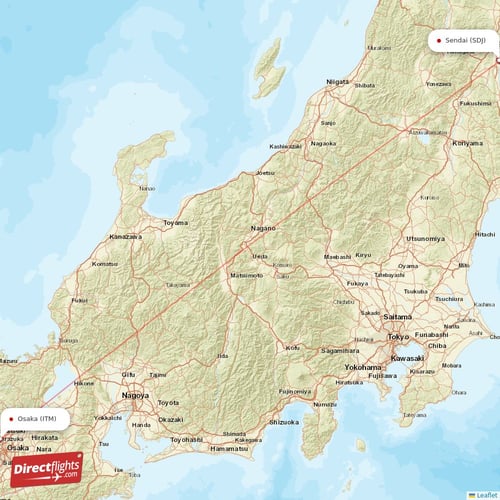 Osaka - Sendai direct flight map