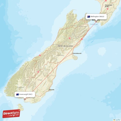 Invercargill - Wellington direct flight map