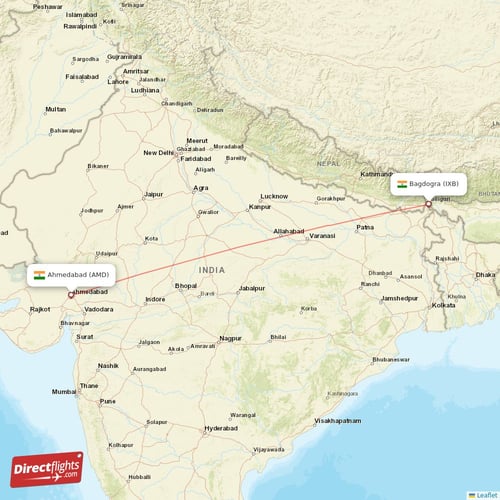 Bagdogra - Ahmedabad direct flight map