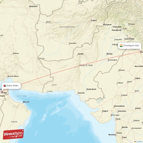 Chandigarh - Dubai direct flight map