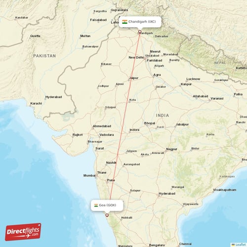 Chandigarh - Goa direct flight map