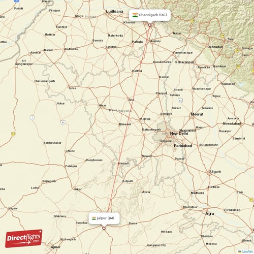 Chandigarh - Jaipur direct flight map