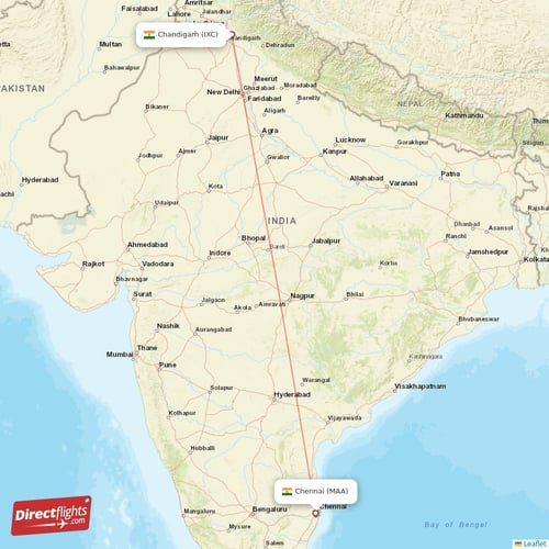 Chandigarh - Chennai direct flight map