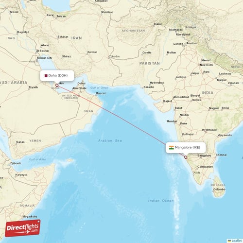 Mangalore - Doha direct flight map