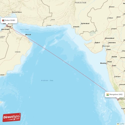 Mangalore - Dubai direct flight map