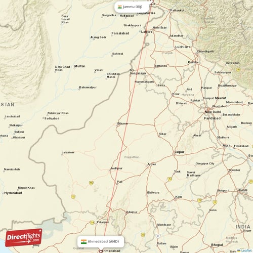 Jammu - Ahmedabad direct flight map