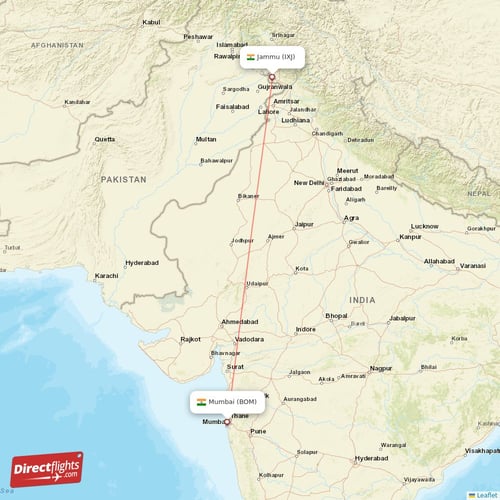 Jammu - Mumbai direct flight map