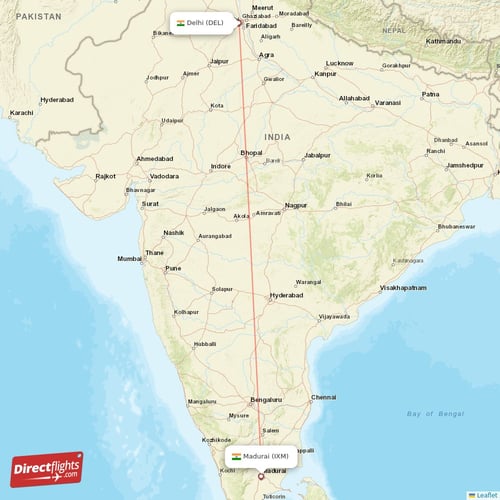 Madurai - Delhi direct flight map