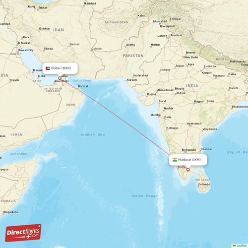 Madurai - Dubai direct flight map