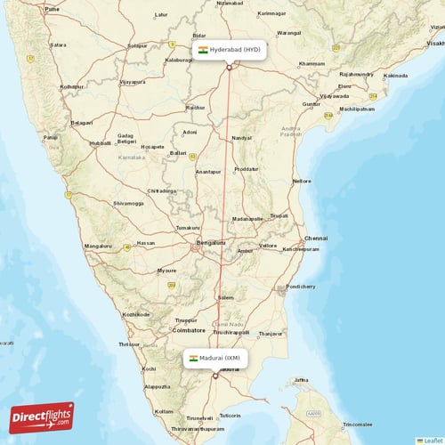 Madurai - Hyderabad direct flight map