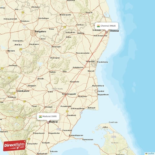 Madurai - Chennai direct flight map