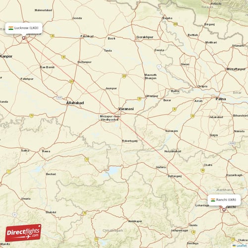 Ranchi - Lucknow direct flight map