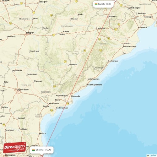 Ranchi - Chennai direct flight map