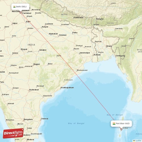 Port Blair - Delhi direct flight map