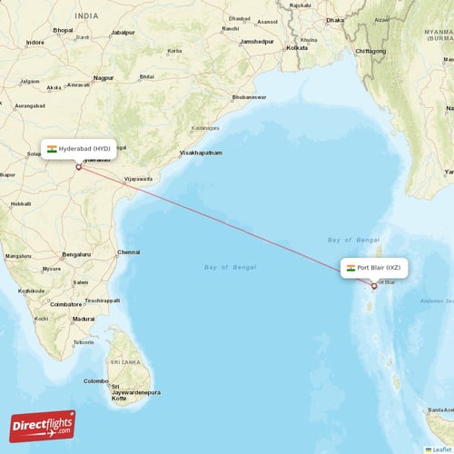 Port Blair - Hyderabad direct flight map