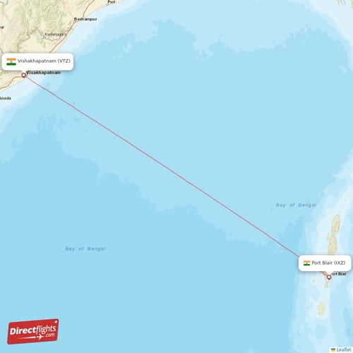 Port Blair - Vishakhapatnam direct flight map
