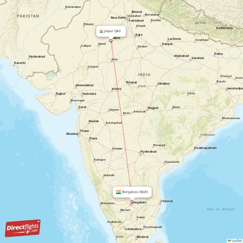 Jaipur - Bengaluru direct flight map