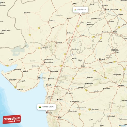 Jaipur - Mumbai direct flight map