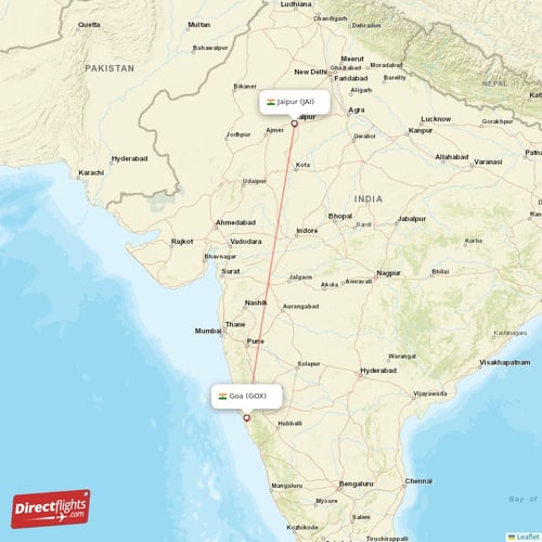 Jaipur - Goa direct flight map