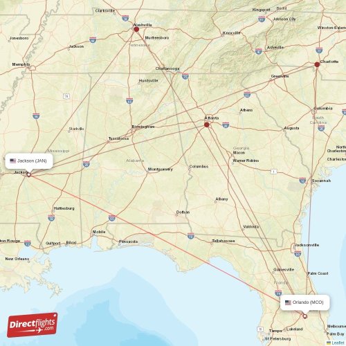 Jackson Direct Flight Map Direct flights from Jackson to Orlando (JAN-MCO) - Directflights.com