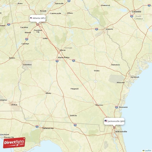 Jacksonville - Atlanta direct flight map